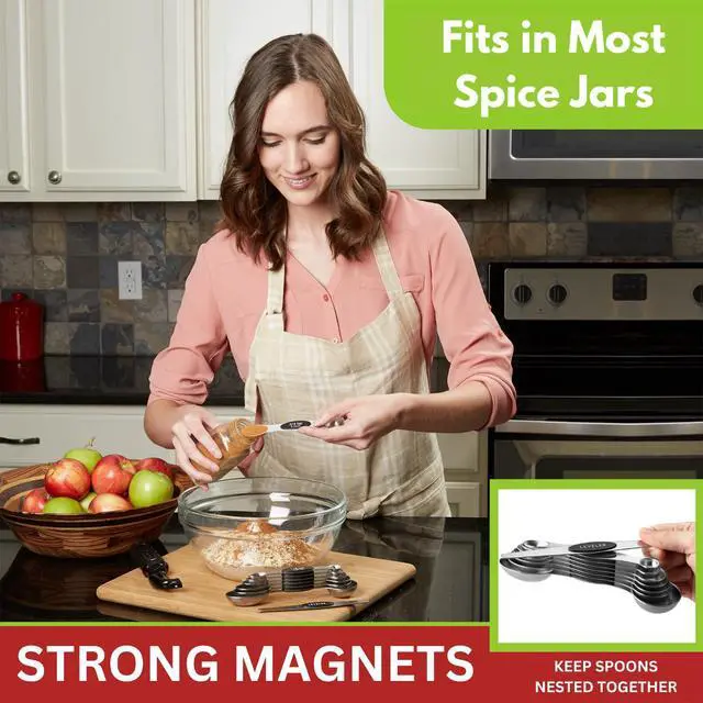 Alt view image 2 of 7 - Stainless Steel Magnetic Measuring Spoons Set with Strong N45 Magnets, Heavy Duty Metal Kitchen Gadgets for Baking & Cooking, Fits in Most Kitchen Spice Jars, Set of 8 with Leveler, Black