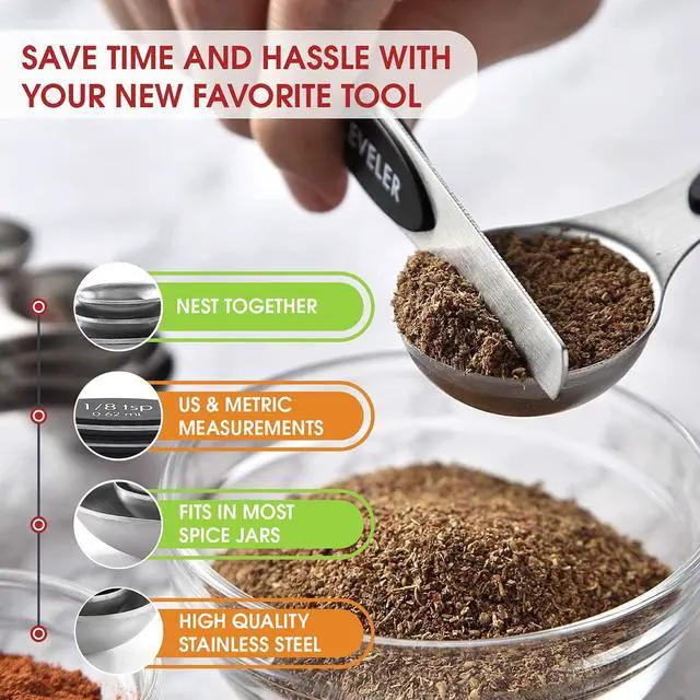 Alt view image 6 of 7 - Stainless Steel Magnetic Measuring Spoons Set with Strong N45 Magnets, Heavy Duty Metal Kitchen Gadgets for Baking & Cooking, Fits in Most Kitchen Spice Jars, Set of 8 with Leveler, Black