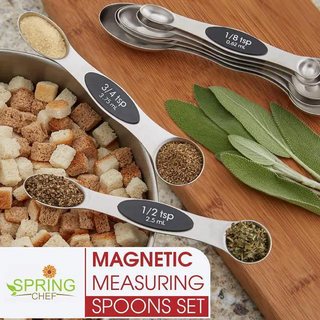 Alt view image 7 of 7 - Stainless Steel Magnetic Measuring Spoons Set with Strong N45 Magnets, Heavy Duty Metal Kitchen Gadgets for Baking & Cooking, Fits in Most Kitchen Spice Jars, Set of 8 with Leveler, Black