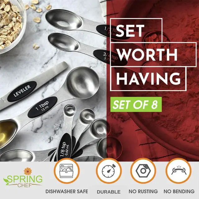 Alt view image 4 of 7 - Stainless Steel Magnetic Measuring Spoons Set with Strong N45 Magnets, Heavy Duty Metal Kitchen Gadgets for Baking & Cooking, Fits in Most Kitchen Spice Jars, Set of 8 with Leveler, Black