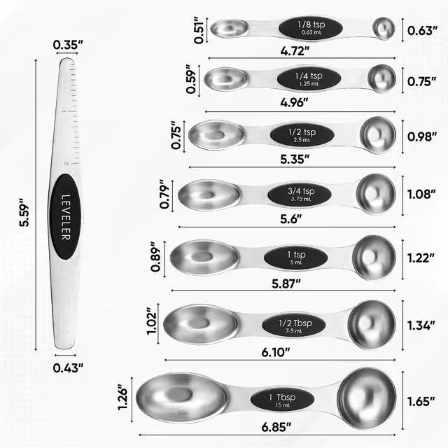 Alt view image 3 of 7 - Stainless Steel Magnetic Measuring Spoons Set with Strong N45 Magnets, Heavy Duty Metal Kitchen Gadgets for Baking & Cooking, Fits in Most Kitchen Spice Jars, Set of 8 with Leveler, Black