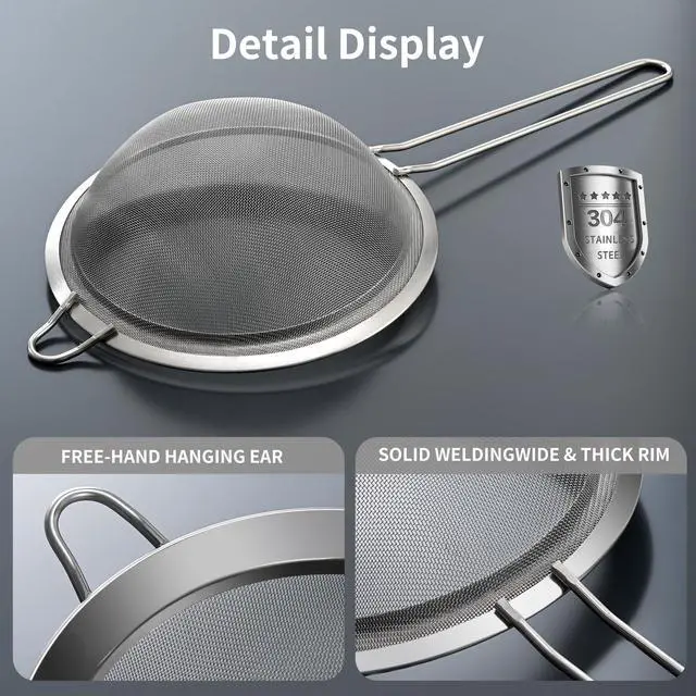 Alt view image 3 of 7 - Premium 304 Stainless Steel Fine Mesh Strainer Multi-Use Colander, Sieve, and Filter for Rice, Juice, Quinoa, Flour, Baking, Cooking, and Meal Prep Durable, Easy-to-Clean Kitchen Tool