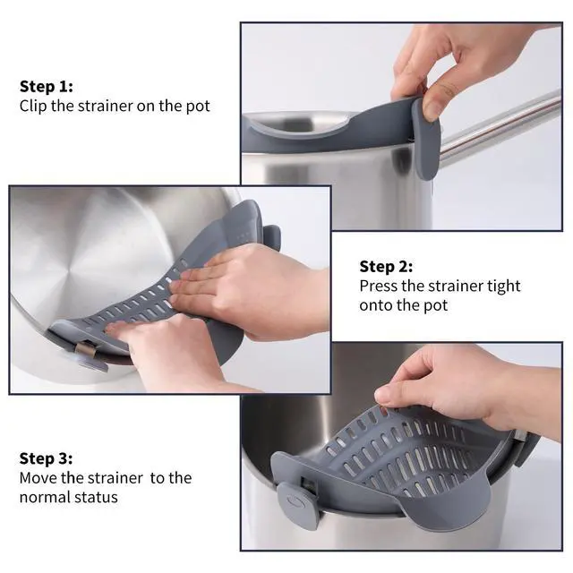 Alt view image 4 of 7 - Silicone Clip On Strainer for Pots and Pans - Heat Resistant, Food, Noodle, Meat, Fruits, Vegetables and Pasta Strainer - Versatile Kitchen Gadget and Colander (Gray)