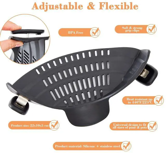 Alt view image 5 of 7 - Silicone Clip On Strainer for Pots and Pans - Heat Resistant, Food, Noodle, Meat, Fruits, Vegetables and Pasta Strainer - Versatile Kitchen Gadget and Colander (Gray)
