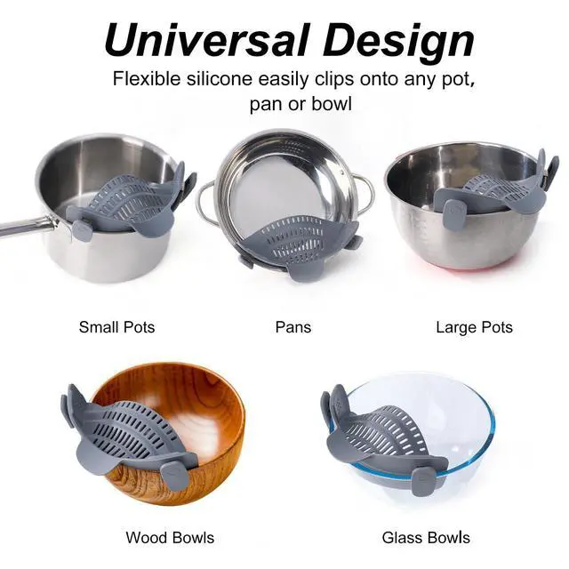 Alt view image 6 of 7 - Silicone Clip On Strainer for Pots and Pans - Heat Resistant, Food, Noodle, Meat, Fruits, Vegetables and Pasta Strainer - Versatile Kitchen Gadget and Colander (Gray)