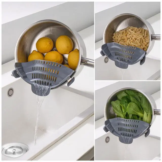 Alt view image 3 of 7 - Silicone Clip On Strainer for Pots and Pans - Heat Resistant, Food, Noodle, Meat, Fruits, Vegetables and Pasta Strainer - Versatile Kitchen Gadget and Colander (Gray)