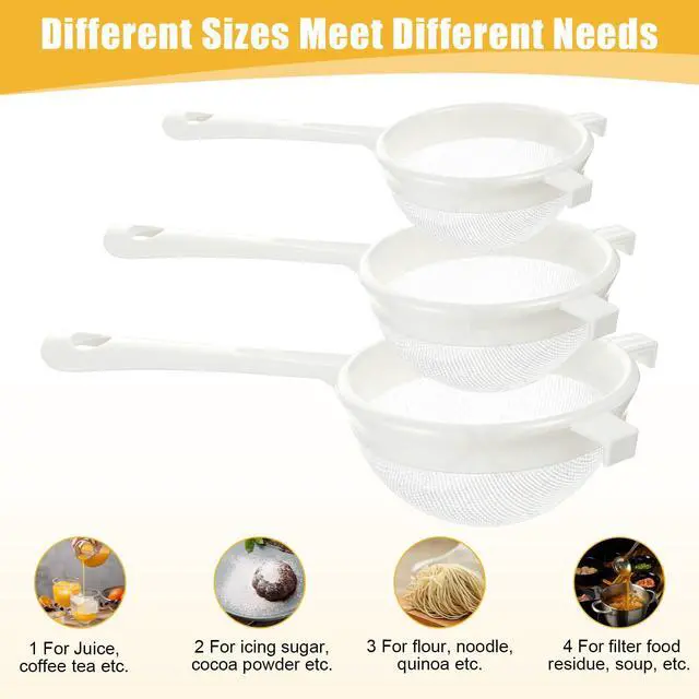 Alt view image 3 of 7 - 3PCS Plastic Nylon Strainer Set, 3 Sizes Ultra Fine Mesh Strainer for Juicing Kefir Grains Yogurt and More, Food-Grade Nylon Mesh Colander with Handle for DIY Crafts Baking Stuff
