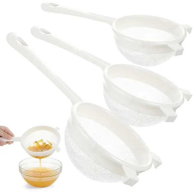 Main image of 3PCS Plastic Nylon Strainer Set, 3 Sizes Ultra Fine Mesh Strainer for Juicing Kefir Grains Yogurt and More, Food-Grade Nylon Mesh Colander with Handle for DIY Crafts Baking Stuff