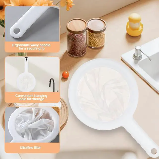 Alt view image 3 of 6 - Ultra-Fine Nylon Mesh Strainer- Mini Kitchen Colander for Coffee, Milk, Yogurt, Juice - Non-Slip Handle & Hanging Hole (120 Mesh)