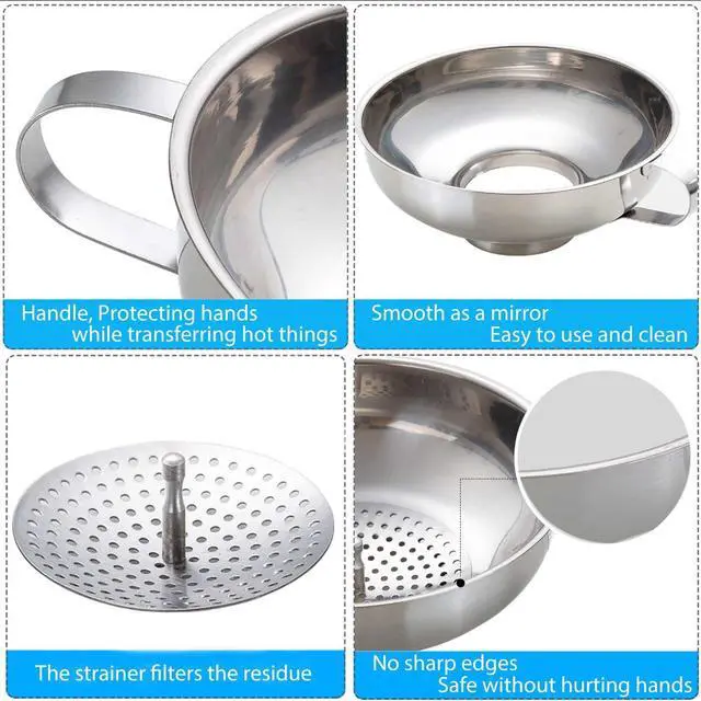 Alt view image 6 of 6 - Canning Funnel, Food Grade Stainless Steel Canning Funnels with Strainer, Wide Mouth Funnels for Kitchen Use, Canning Supplies Kit for Wide and Regular Mason Jars - 3 Pack (Small and Large)