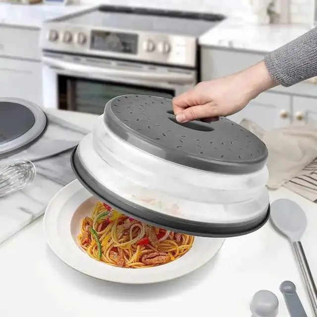 Alt view image 3 of 7 - 2-in-1 Collapsible Microwave Splatter Guard Cover & Vegetable Washing Colander: The Ultimate Space-Saving Kitchen Essential (Gray)