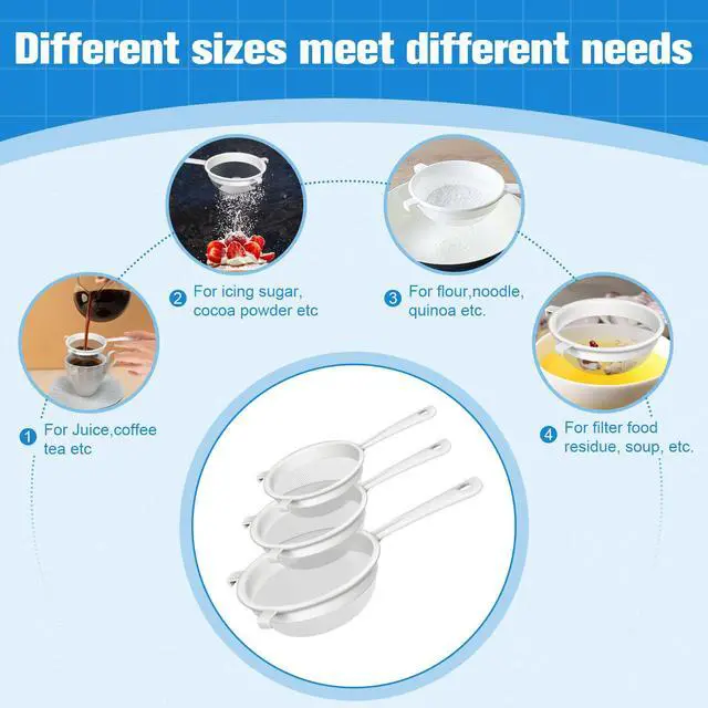 Alt view image 5 of 7 - 3 Pcs Plastic Nylon Fine Mesh Kefir Strainer Set with Handle, Sieve Fine Mesh Colander Flour Sifter for Yogurt Baking Kitchen Kefir Tea Juice Pasta