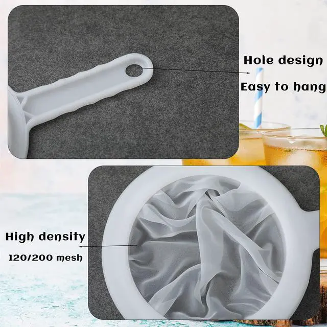 Alt view image 5 of 7 - 2 Piece Fine Nylon Mesh Strainer Kitchen Food Yogurt Mesh Sieve Plastic Mesh Colander with Handle Mini Brine Shrimp Separation Net for Filtering Juice Milk Soy Coffee Honey Wine Yogurt (120/200 Mesh)