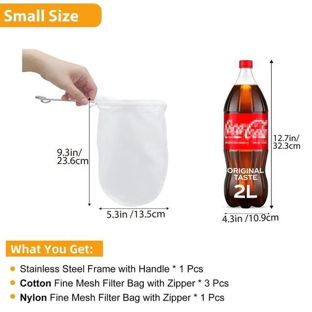 Alt view image 2 of 7 - 5 Pcs Premium Ultra Fine Mesh Strainer Bags with Stainless Steel Handle, Reusable Nut Milk Bags, Cheese Cloths for Straining Juice, NutMilk, Coffee, Thai Tea, Yogurt and Soup (Small)