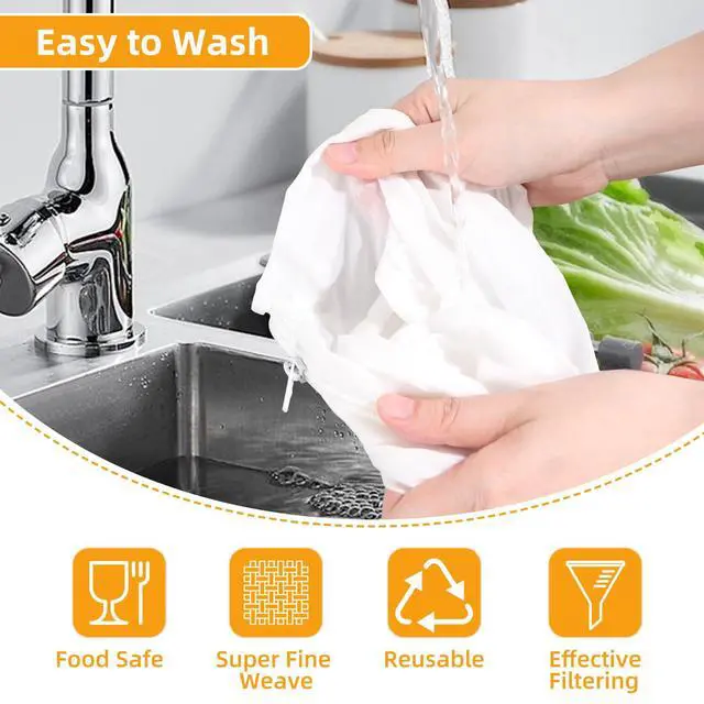 Alt view image 6 of 7 - 5 Pcs Premium Ultra Fine Mesh Strainer Bags with Stainless Steel Handle, Reusable Nut Milk Bags, Cheese Cloths for Straining Juice, NutMilk, Coffee, Thai Tea, Yogurt and Soup (Small)