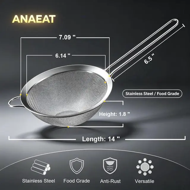 Alt view image 7 of 7 - Fine Mesh Strainers - Premium Stainless Steel Colander Sieve Sifters, with Durable Mesh and Sturdy Handle, Excellent for Sifting Dry ingredients, Flour, Pastas, Rice, Tea (7.09"