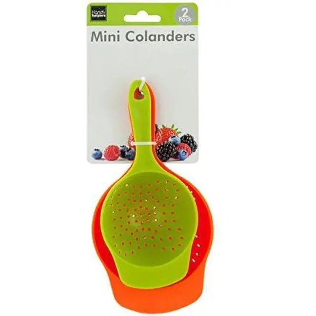 Alt view image 2 of 3 - Mini Colanders Set 2 Plastic Pack Kitchen Mesh Food Strainers Colander Handles Red Lime Green 6.5 and 7.5 Inch Strainer For Pasta Vegetables and Fruits
