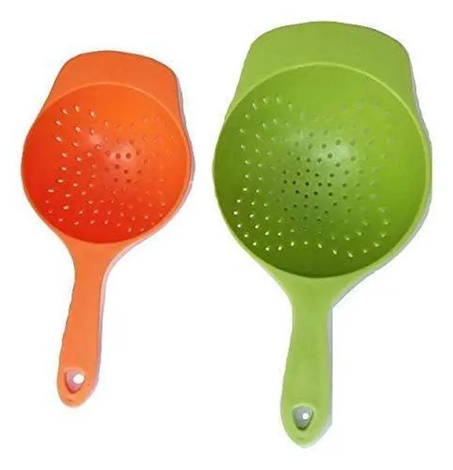 Alt view image 3 of 3 - Mini Colanders Set 2 Plastic Pack Kitchen Mesh Food Strainers Colander Handles Red Lime Green 6.5 and 7.5 Inch Strainer For Pasta Vegetables and Fruits