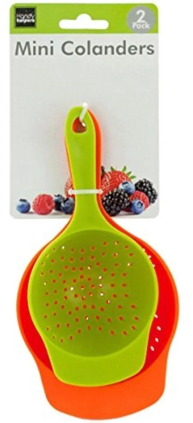 Main image of Mini Colanders Set 2 Plastic Pack Kitchen Mesh Food Strainers Colander Handles Red Lime Green 6.5 and 7.5 Inch Strainer For Pasta Vegetables and Fruits