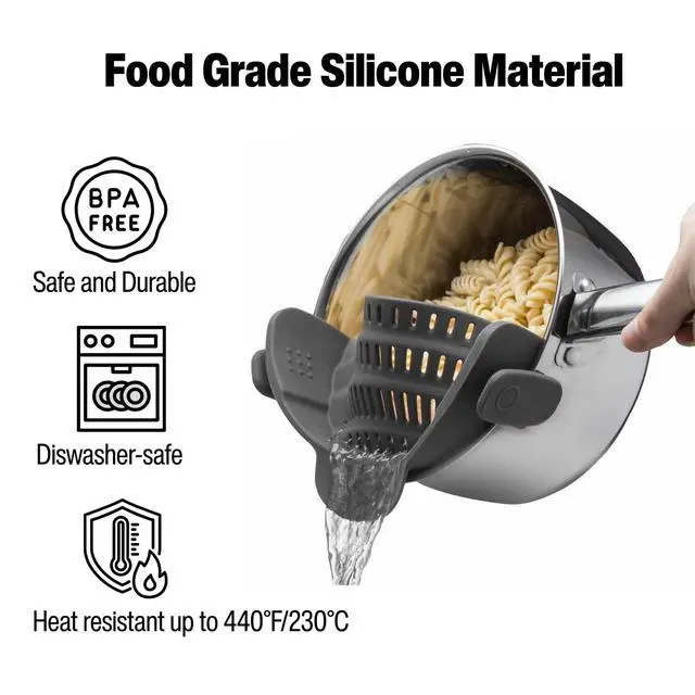Alt view image 3 of 7 - Silicone Pot Strainer, Adjustable Clip On Strainer for Pots Pans, Heat Resistant Pot Drainer, Kitchen Pasta Colander for Vegetables and Noodles (Grey)