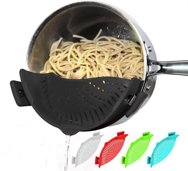 Main image of Clip On Pasta Strainer Silicone Universal Fit for all Pots and Bowls Snap On Drainer for Meat, Vegetables, Fruit Colander for Kitchen Easily Drain Food Space Saving