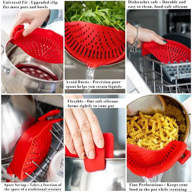 Alt view image 3 of 7 - Clip On Pasta Strainer Silicone Universal Fit for all Pots and Bowls Snap On Drainer for Meat, Vegetables, Fruit Colander for Kitchen Easily Drain Food Space Saving