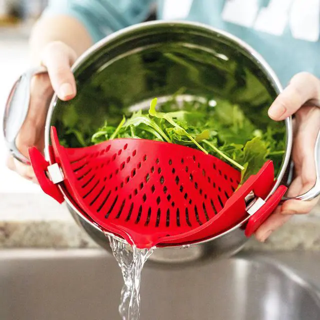 Alt view image 4 of 7 - Clip On Pasta Strainer Silicone Universal Fit for all Pots and Bowls Snap On Drainer for Meat, Vegetables, Fruit Colander for Kitchen Easily Drain Food Space Saving