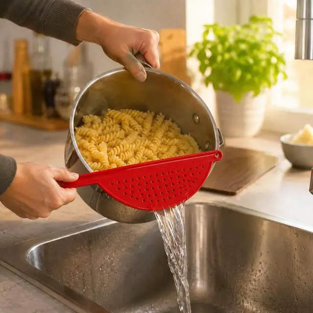 Alt view image 2 of 4 - Handheld Plastic Pot Drainer, Noodle & Pasta Strainer with Handle - Fits up to 9" Pots - Red