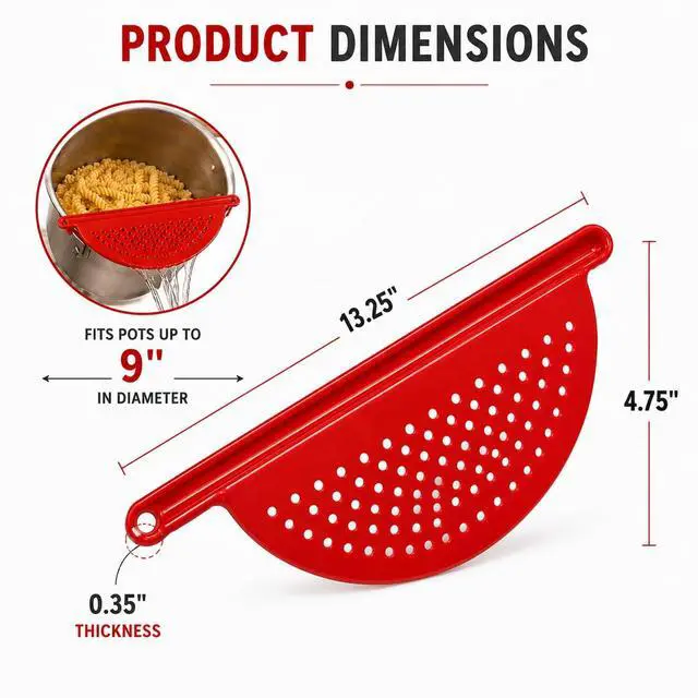 Alt view image 4 of 4 - Handheld Plastic Pot Drainer, Noodle & Pasta Strainer with Handle - Fits up to 9" Pots - Red