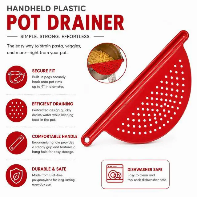 Alt view image 3 of 4 - Handheld Plastic Pot Drainer, Noodle & Pasta Strainer with Handle - Fits up to 9" Pots - Red