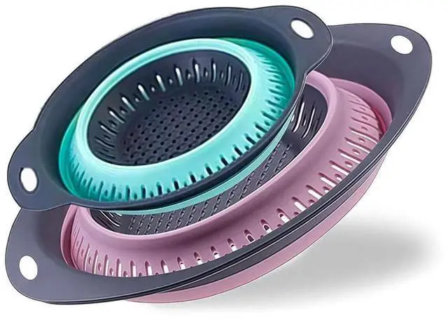 Main image of Collapsible Colander Set, Square Round Triangles Silicone Kitchen Strainer Perfect for Draining Pasta Vegetable fruit 2 PCS (Green & Red, 12"L x 9.5"W x 2.3"H)