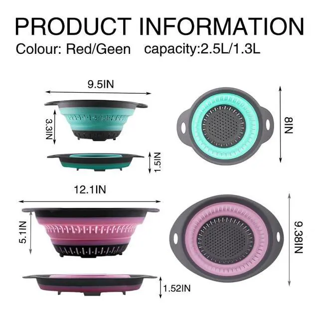 Alt view image 2 of 6 - Collapsible Colander Set, Square Round Triangles Silicone Kitchen Strainer Perfect for Draining Pasta Vegetable fruit 2 PCS (Green & Red, 12"L x 9.5"W x 2.3"H)