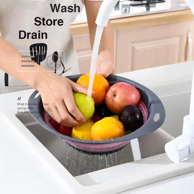 Alt view image 3 of 6 - Collapsible Colander Set, Square Round Triangles Silicone Kitchen Strainer Perfect for Draining Pasta Vegetable fruit 2 PCS (Green & Red, 12"L x 9.5"W x 2.3"H)