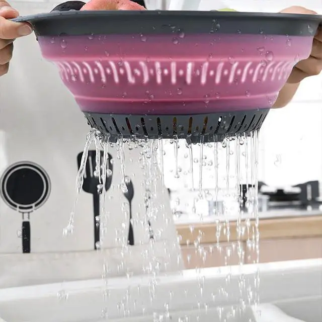 Alt view image 4 of 6 - Collapsible Colander Set, Square Round Triangles Silicone Kitchen Strainer Perfect for Draining Pasta Vegetable fruit 2 PCS (Green & Red, 12"L x 9.5"W x 2.3"H)
