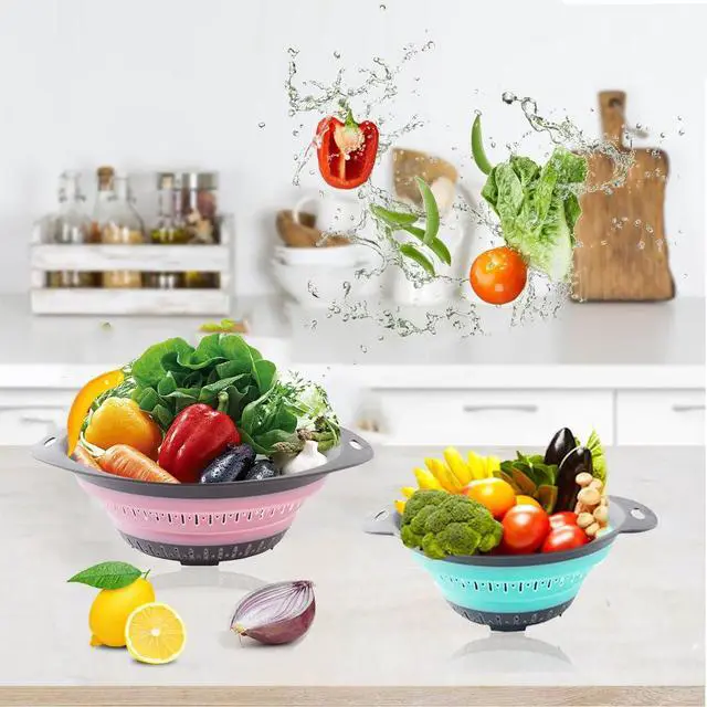 Alt view image 6 of 6 - Collapsible Colander Set, Square Round Triangles Silicone Kitchen Strainer Perfect for Draining Pasta Vegetable fruit 2 PCS (Green & Red, 12"L x 9.5"W x 2.3"H)