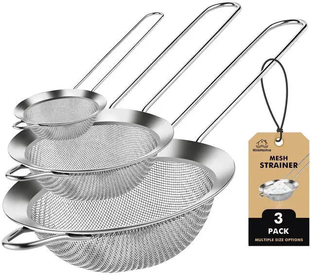 Main image of 3 Piece Mesh Strainers, Stainless Steel Strainer for Sifting, Straining, Cooking Kitchen Strainers Fine Mesh for Flour, Pasta, Loose Tea, Fruit, and Rice, Silver(2.8"+4.6"+6.3")