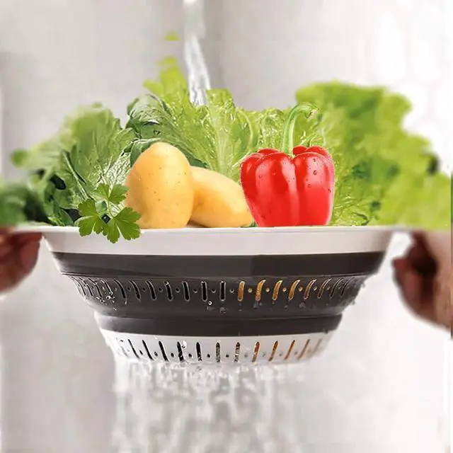 Alt view image 3 of 7 - Collapsible Colander Set, Square Round Triangles Silicone Kitchen Strainer Perfect for Draining Pasta Vegetable fruit 2 PCS (Gray&Blue, 12"L x 9.5"W x 2.3"H)