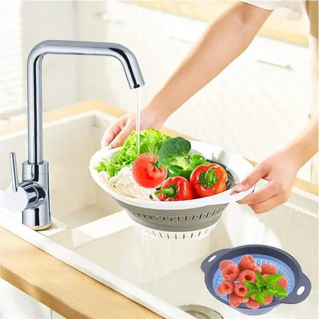Alt view image 5 of 7 - Collapsible Colander Set, Square Round Triangles Silicone Kitchen Strainer Perfect for Draining Pasta Vegetable fruit 2 PCS (Gray&Blue, 12"L x 9.5"W x 2.3"H)
