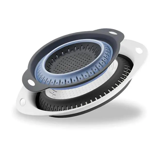 Main image of Collapsible Colander Set, Square Round Triangles Silicone Kitchen Strainer Perfect for Draining Pasta Vegetable fruit 2 PCS (Gray&Blue, 12"L x 9.5"W x 2.3"H)