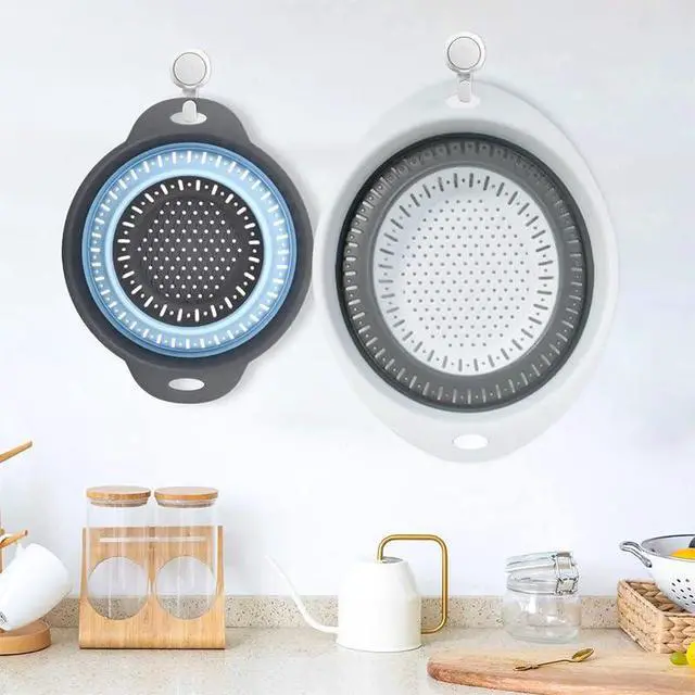 Alt view image 6 of 7 - Collapsible Colander Set, Square Round Triangles Silicone Kitchen Strainer Perfect for Draining Pasta Vegetable fruit 2 PCS (Gray&Blue, 12"L x 9.5"W x 2.3"H)