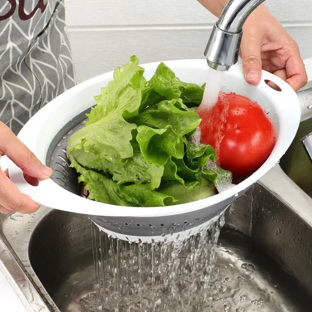 Alt view image 7 of 7 - Collapsible Colander Set, Square Round Triangles Silicone Kitchen Strainer Perfect for Draining Pasta Vegetable fruit 2 PCS (Gray&Blue, 12"L x 9.5"W x 2.3"H)