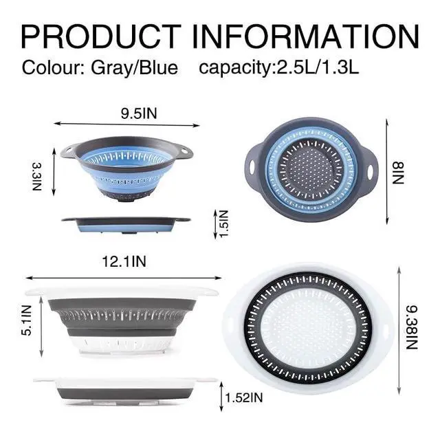 Alt view image 2 of 7 - Collapsible Colander Set, Square Round Triangles Silicone Kitchen Strainer Perfect for Draining Pasta Vegetable fruit 2 PCS (Gray&Blue, 12"L x 9.5"W x 2.3"H)