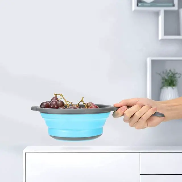 Alt view image 6 of 6 - Kitchen Foldable Silicone Strainer Colanders, Collapsible Colanders with Handles, Space-Saver Folding Strainer Colander for Draining Pasta, Vegetable (Blue)
