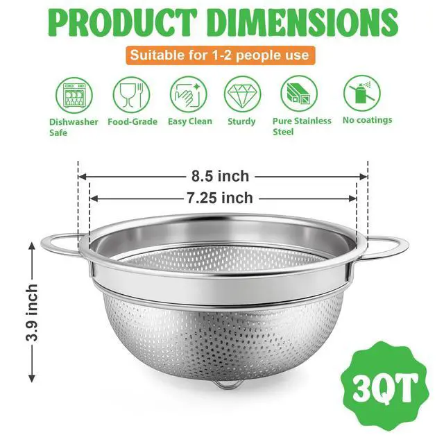 Alt view image 2 of 7 - Colander Strainer Stainless Steel 3 Quart, Metal Micro-Perforated Colander for Kitchen Food, Ideal for Rinsing Washing Draining, Dishwasher Safe, Shiny Silver, 1PC