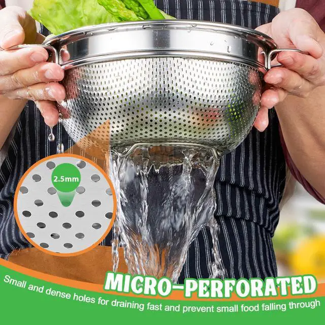 Alt view image 3 of 7 - Colander Strainer Stainless Steel 3 Quart, Metal Micro-Perforated Colander for Kitchen Food, Ideal for Rinsing Washing Draining, Dishwasher Safe, Shiny Silver, 1PC
