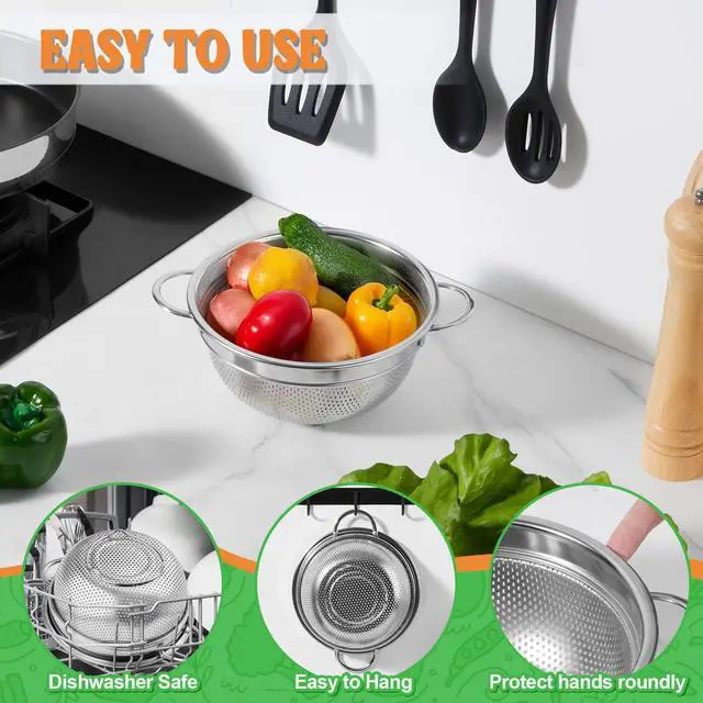 Alt view image 5 of 7 - Colander Strainer Stainless Steel 3 Quart, Metal Micro-Perforated Colander for Kitchen Food, Ideal for Rinsing Washing Draining, Dishwasher Safe, Shiny Silver, 1PC
