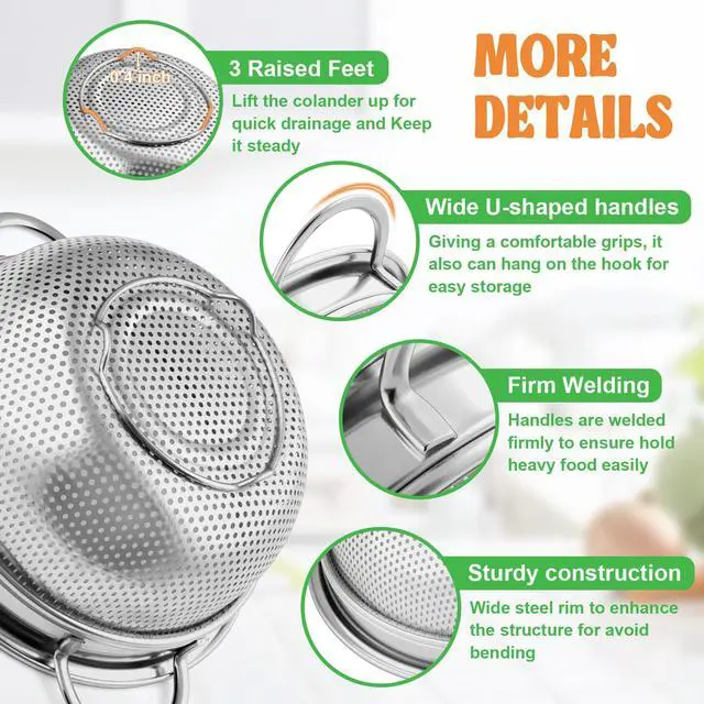 Alt view image 4 of 7 - Colander Strainer Stainless Steel 3 Quart, Metal Micro-Perforated Colander for Kitchen Food, Ideal for Rinsing Washing Draining, Dishwasher Safe, Shiny Silver, 1PC