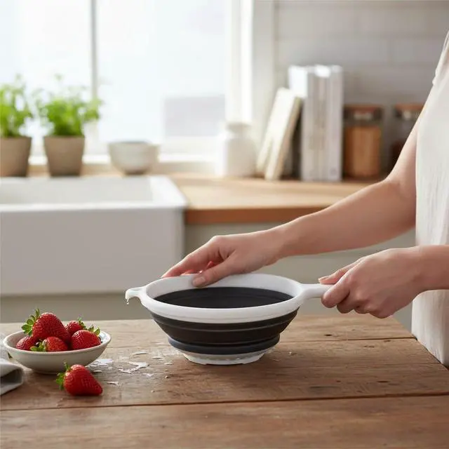 Alt view image 2 of 5 - 8" Round Space Saving Collapsible Silicone Kitchen Colander Food Strainer with Handle - White (1 Pack)