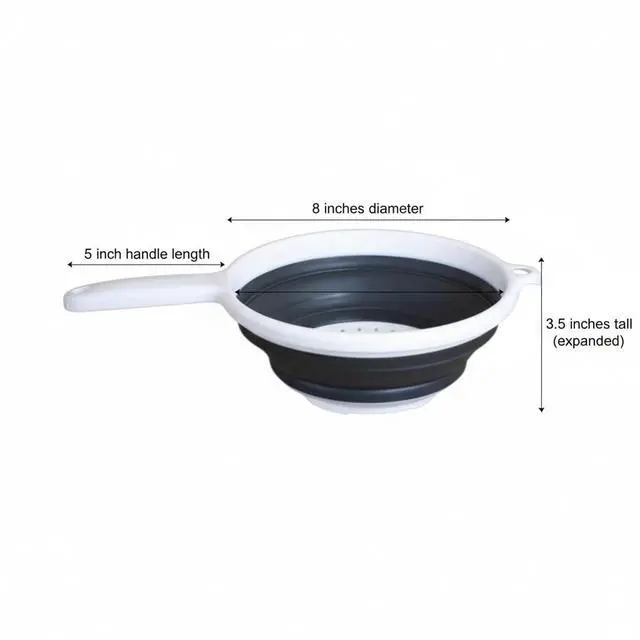 Alt view image 3 of 5 - 8" Round Space Saving Collapsible Silicone Kitchen Colander Food Strainer with Handle - White (1 Pack)