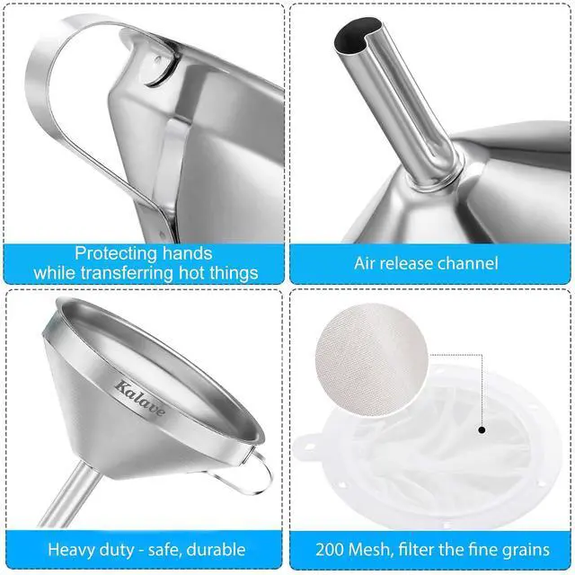 Alt view image 3 of 7 - Premium Stainless Steel Funnel, 5 Inch Food Grade Kitchen Funnels with 200 Mesh Food Filter Strainer for Filling Bottles, Oils, Juice, Wine, Coffee, Milk